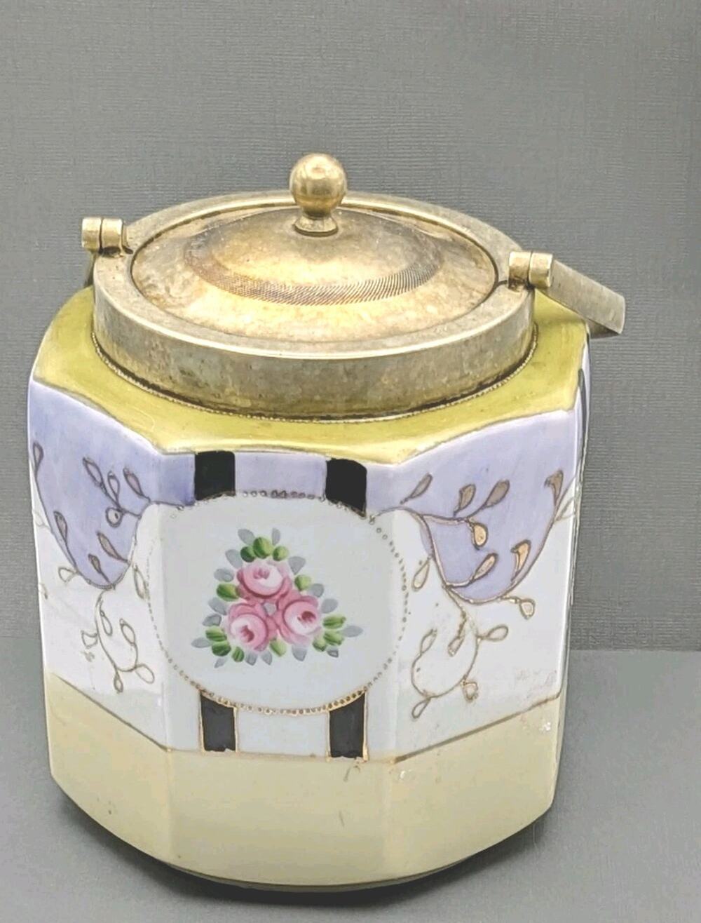 English Victorian Porcelain Hand Painted Biscuit Jar With Silver Plate Antique